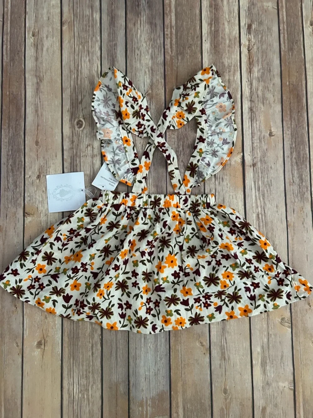 marmellata Cream Floral Ruffle Strap Dress with Orange and Brown Blooms - Picture 3 of 5